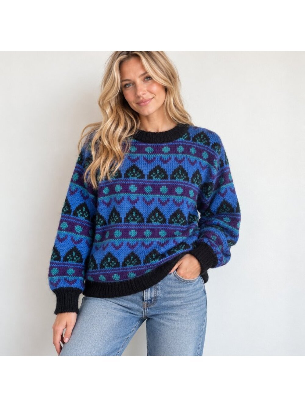 Vintage Gallagher Blue Geometric Print Mohair Blend Pullover Sweater M